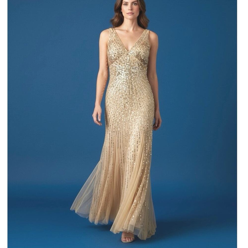 Adrianna Papell Gown Beaded Sequin Sleeveless Gold Size 8